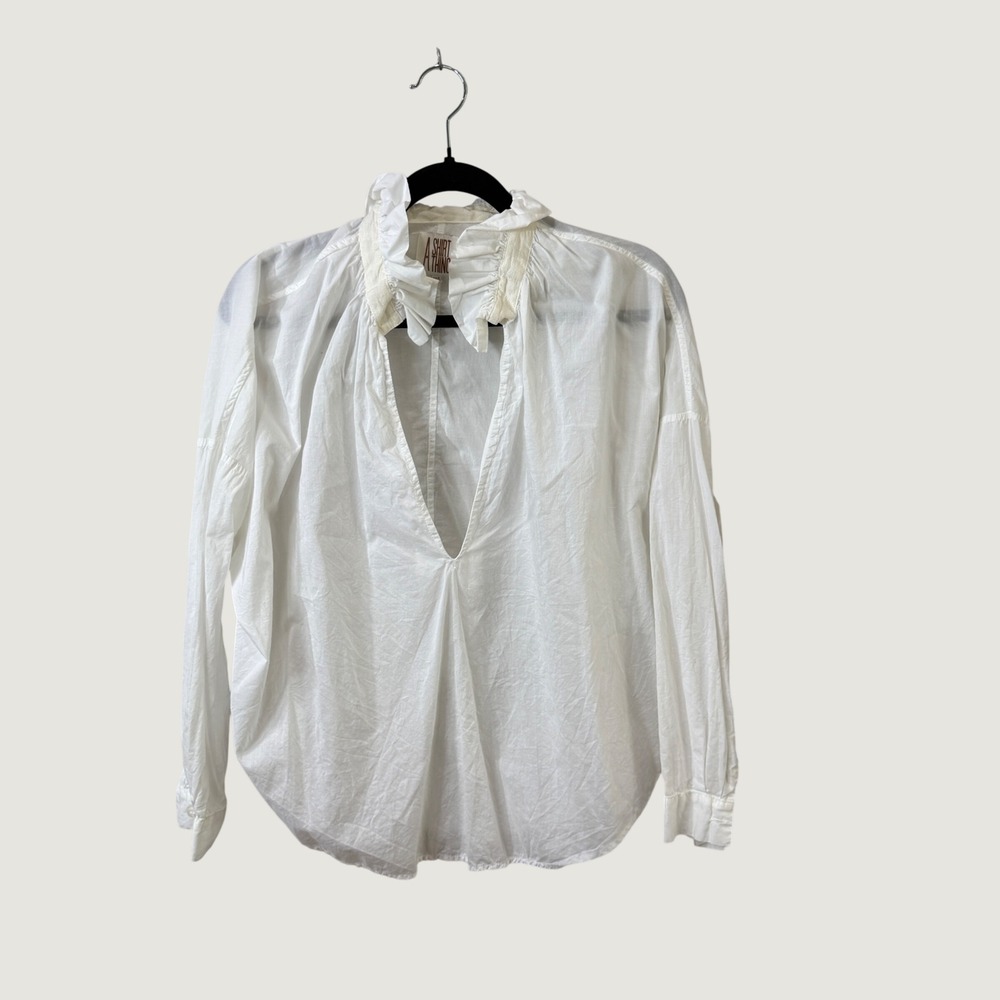 A SHIRT THING Penelope White Popover Blouse Ruffle Collar Edwardian Size M/L